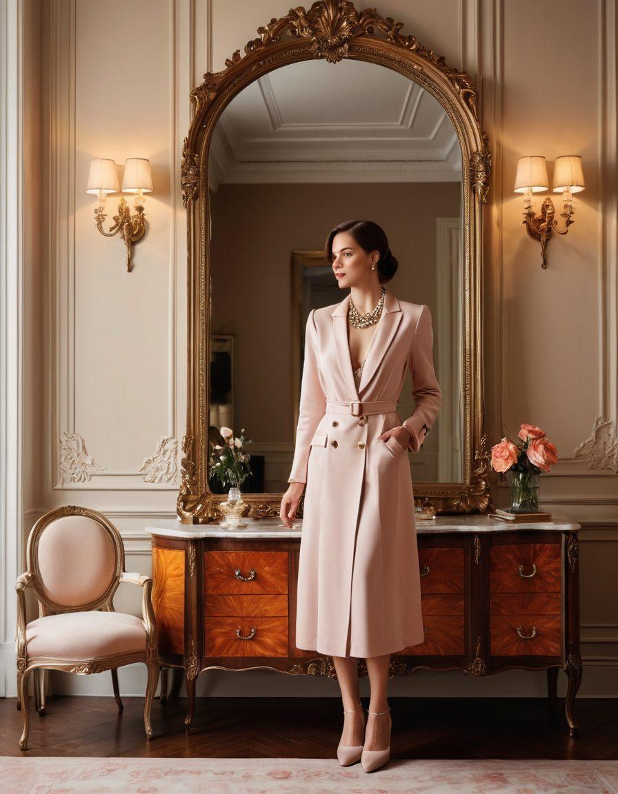 An elegant woman dressed in a chic yet classic outfit, standing in a stylish, contemporary room adorned with vintage fashion pieces. Soft natural lighting highlights her poised demeanor and the luxurious textures of her clothing, surrounded by chic accessories like a pearl necklace and a designer handbag. The backdrop features a tasteful mix of modern and classic decor elements, such as an ornate mirror and minimalist furniture. warm tones, sophisticated atmosphere. super-realistic. vibrant colors.