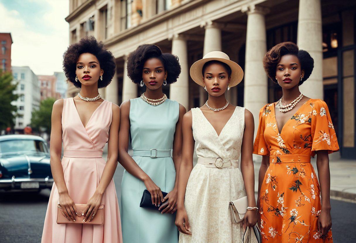 A juxtaposition of classic and contemporary women's fashion, featuring a vintage dress paired with modern accessories. The background showcases a blend of retro and modern architecture, symbolizing the harmony of past and present. Soft, warm lighting to evoke feelings of nostalgia while highlighting vibrant colors. Elegant poses of diverse women embodying both timeless styles and modern trends. super-realistic. vibrant colors. soft focus.