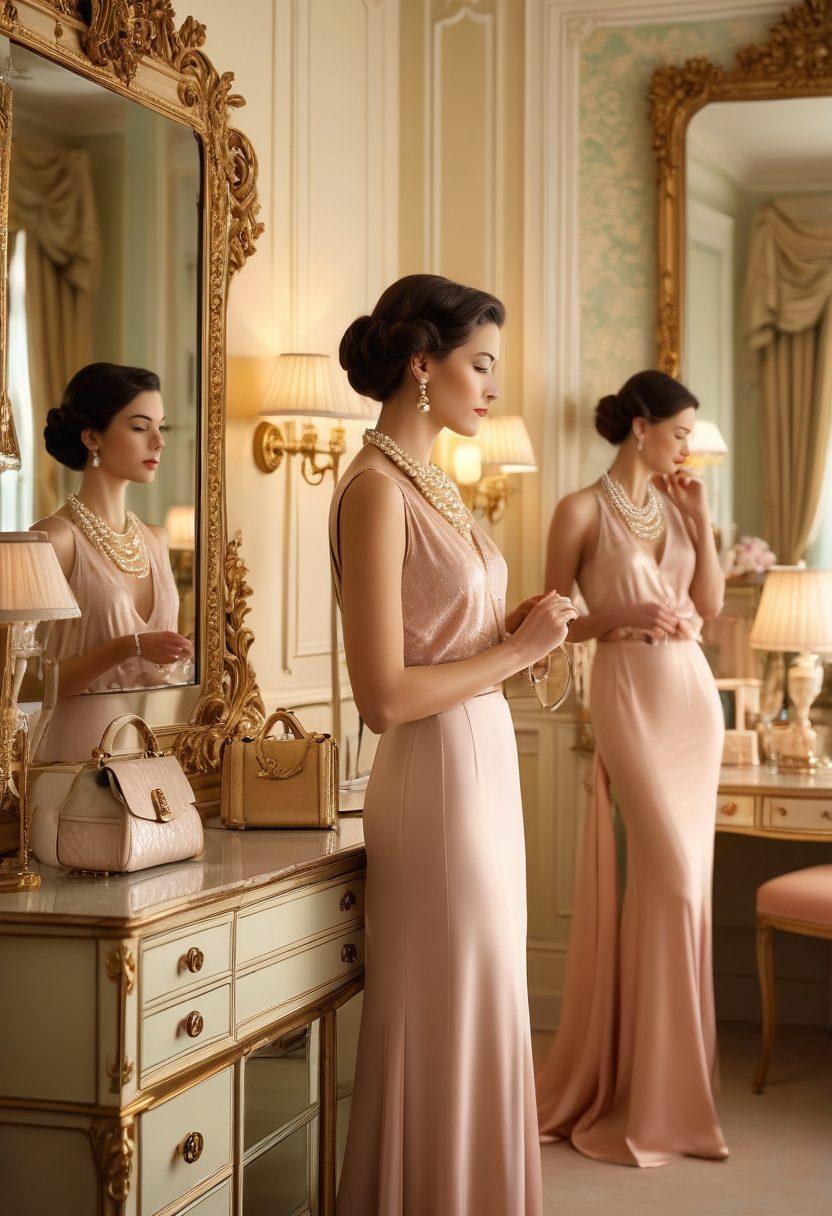 A graceful silhouette of a woman dressed in timeless elegant fashion, surrounded by classic accessories like a pearl necklace and vintage handbag. The backdrop features a luxurious dressing room with elegant mirrors and rich fabrics, showcasing a color palette of soft pastels and gold accents. A soft glow illuminates the scene, adding a touch of sophistication. super-realistic. vibrant colors. soft focus.